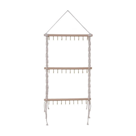 Boho Woven Jewelry Organizer Wall Hanging With Wood Bar And Metal Hooks For Necklaces Bracelets Earrings Rings Room Decor