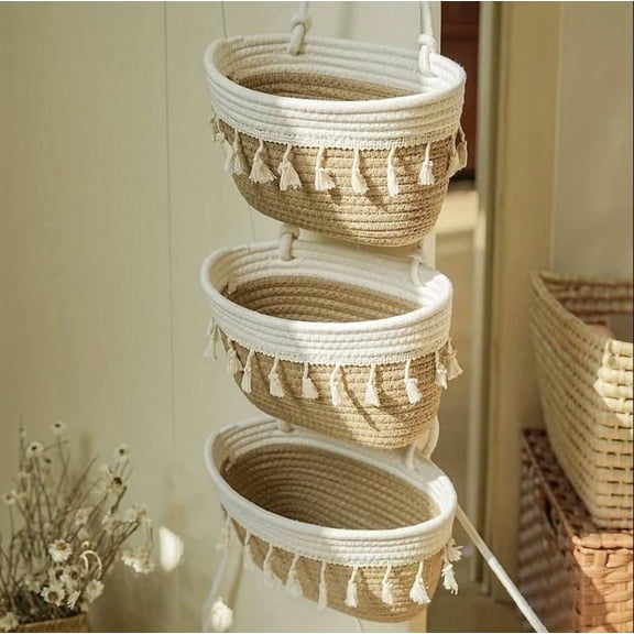 Boho Woven Over Door Hanging Basket Organizer 3 Tier Wall Storage for Entryway Kitchen Laundry Room