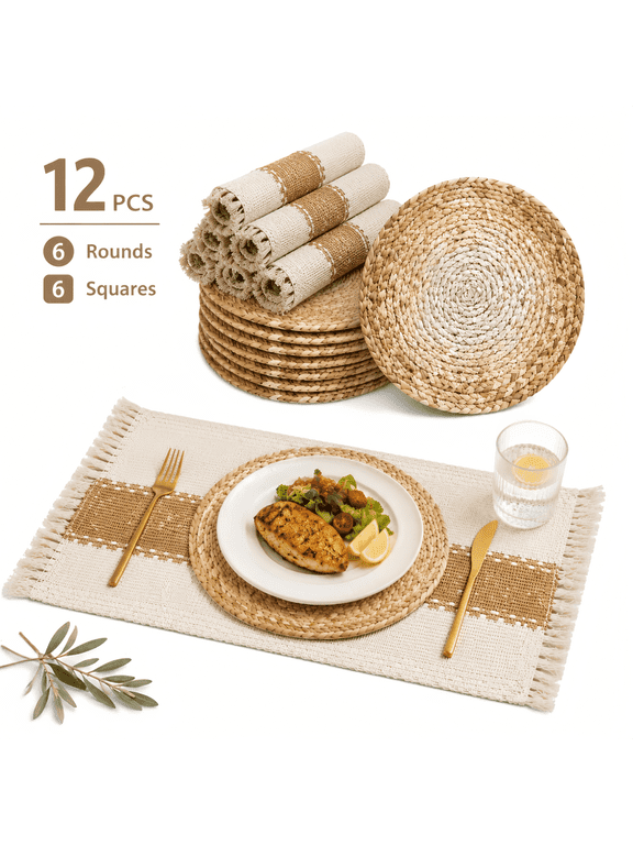 Boho Woven Placemats Set of 12 - Handmade Cotton Burlap and Water Straw Woven Combination Table Mats for Weddings Dining Table Decor