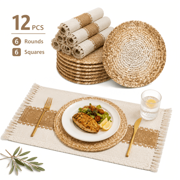 Boho Woven Placemats Set of 12 - Handmade Cotton Burlap and Water Straw Woven Combination Table Mats for Dining Table Decor