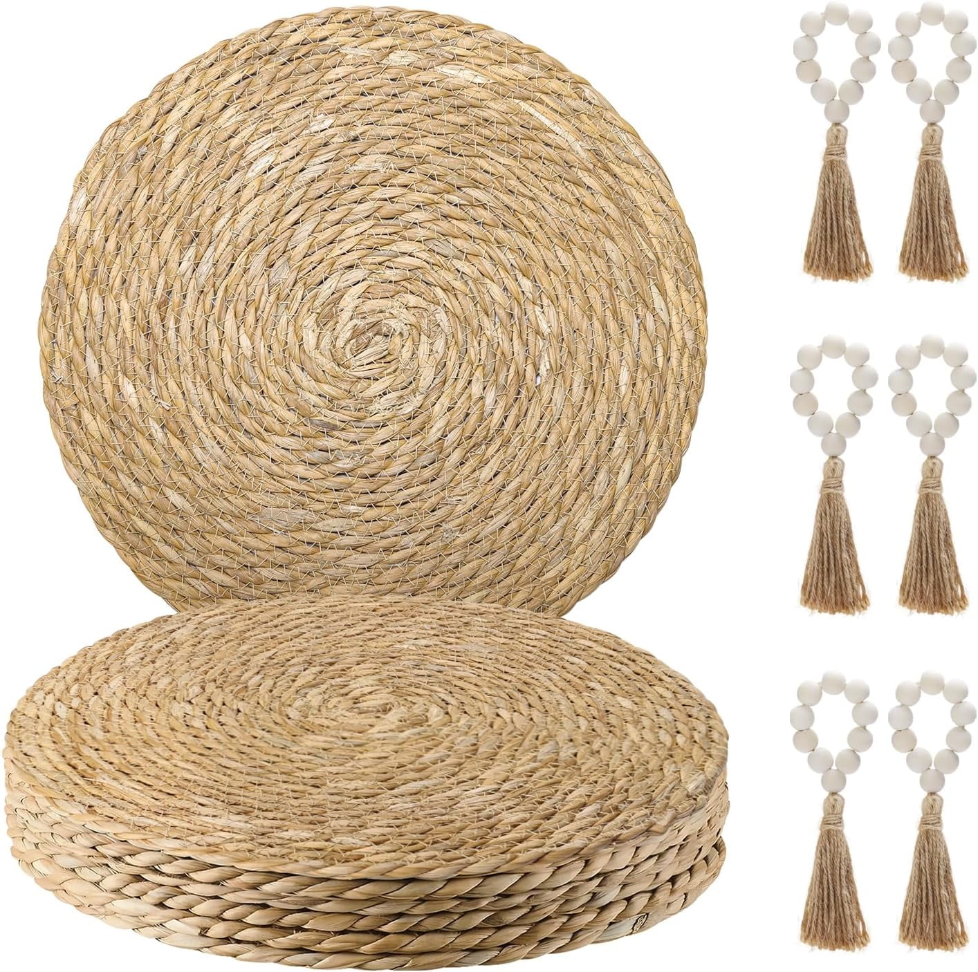 Boho Woven Placemats Set of 6 with Wooden Napkin Rings, Round Charger ...