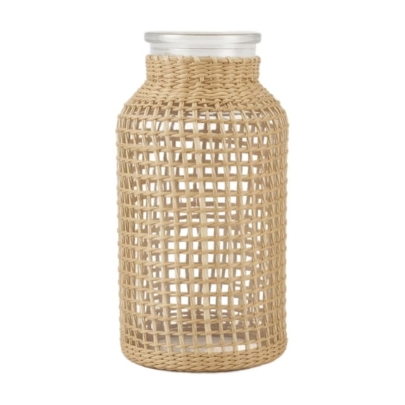 Boho Woven Rattan Glass Vase 9 Inch Tall Straw Wrapped Clear Flower Vase for Dried Pampas Grass Farmhouse Home Table Decor Rustic Centerpiece Single Pack