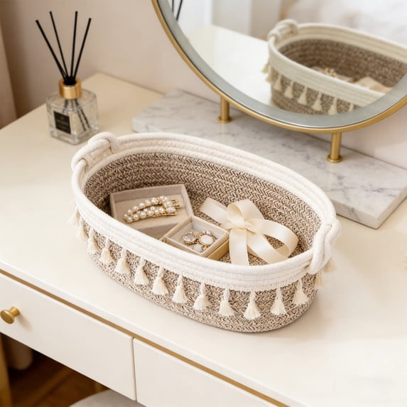 Boho Woven Rope Storage Basket for Makeup, Perfume and Bathroom Countertop Organization, Macrame Decorative Desk and Bedroom Organizer