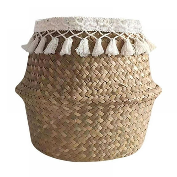 Boho Woven Seagrass Belly Basket with Handles Tassels for Storage, Plant Pot Cover, Laundry, Picnic, Groceries and Toy Organizer (2XL)
