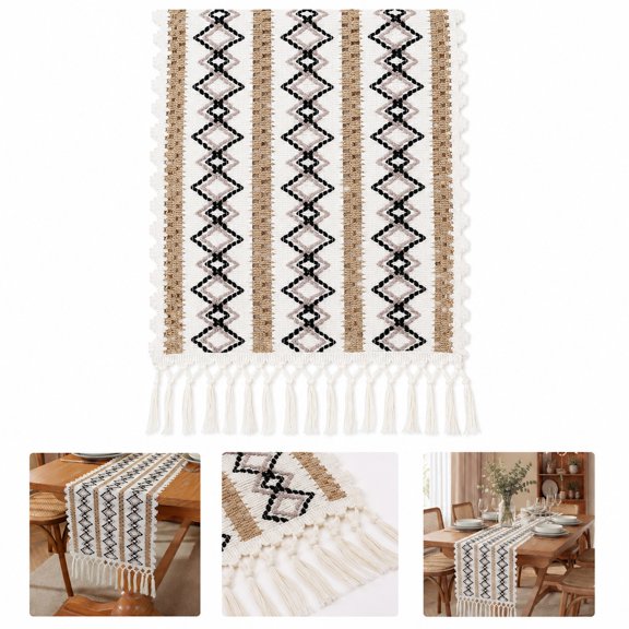 Boho Woven Table Runner, Geometric Pattern Tassel Decorative Tablecloth for Dining Table, Coffee Table Home Decor, Neutral Farmhouse Style