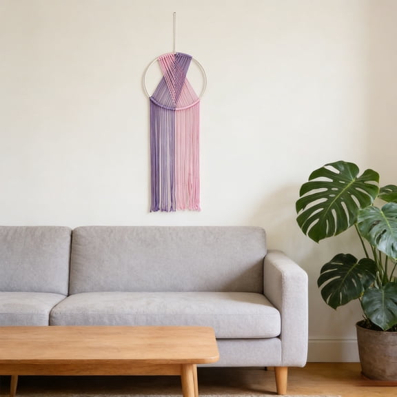 Boho Woven Tassel Wall Hanging Tapestry | Macrame Decor Blue Pink White | Modern Apartment & Bedroom Art | 30in Long Handcrafted Thread Accent | Cozy Bohemian Living Room Nursery Decoration