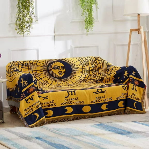Boho Woven Throw Blanket Reversible Cotton Bohemian Tapestry Hippie Room Decor Witchy Astrology Double Sided (Yellow, 71"x91")