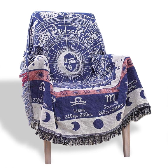Boho Woven Throw Blanket Reversible Cotton Bohemian Tapestry Hippie Room Decor Witchy Astrology Zodiac Celestial Constellation Carpet Bed Chair Couch Sofa Cover Double Sided (Blue, 51"x71")
