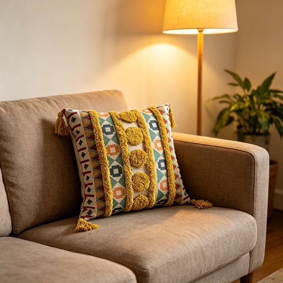 Boho Woven Tufted Pillow Cover, Tassel Decor Cushion Case, Rustic Textile Accent for Sofa Couch Bedroom Living Room and Farmhouse Decor