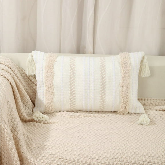 Boho Woven Tufted with Tassel Series Decorative Throw Pillow, 12" x 20", Cream White Stripe, 1 Pack