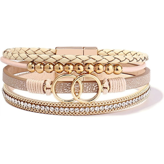 Boho Wrap Bracelets Leather Cuff Bangle Gold Beaded Bracelets for Women Stackable Infinity Bracelets Jewelry with Magnetic Clasp