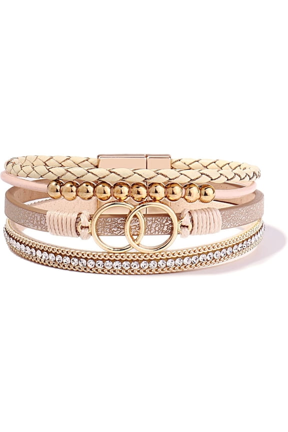 Boho Wrap Bracelets Leather Cuff Bangle Gold Beaded Bracelets for Women Stackable Infinity Bracelets Jewelry with Magnetic Clasp