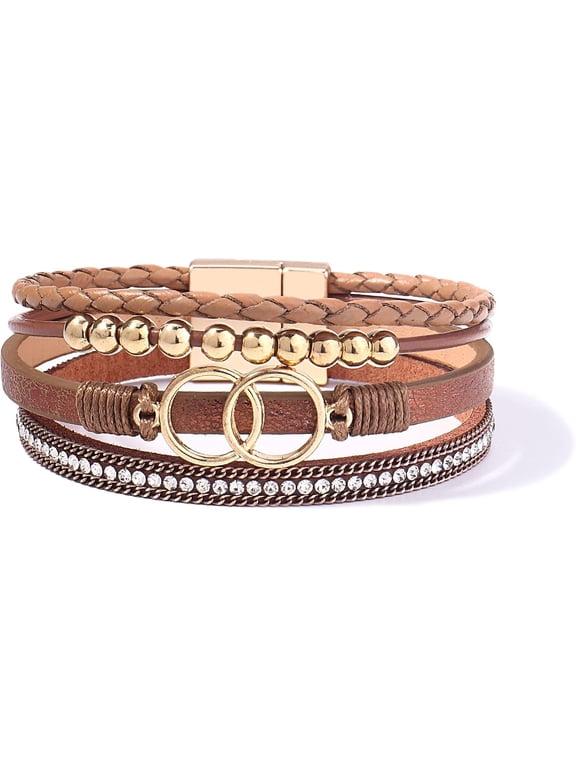 Boho Wrap Bracelets Leather Cuff Bangle Gold Beaded Bracelets for Women Stackable Infinity Bracelets Jewelry with Magnetic Clasp