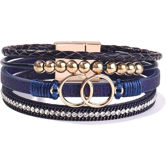 Boho Wrap Bracelets Leather Cuff Bangle Gold Beaded Bracelets for Women Stackable Infinity Bracelets Jewelry with Magnetic Clasp