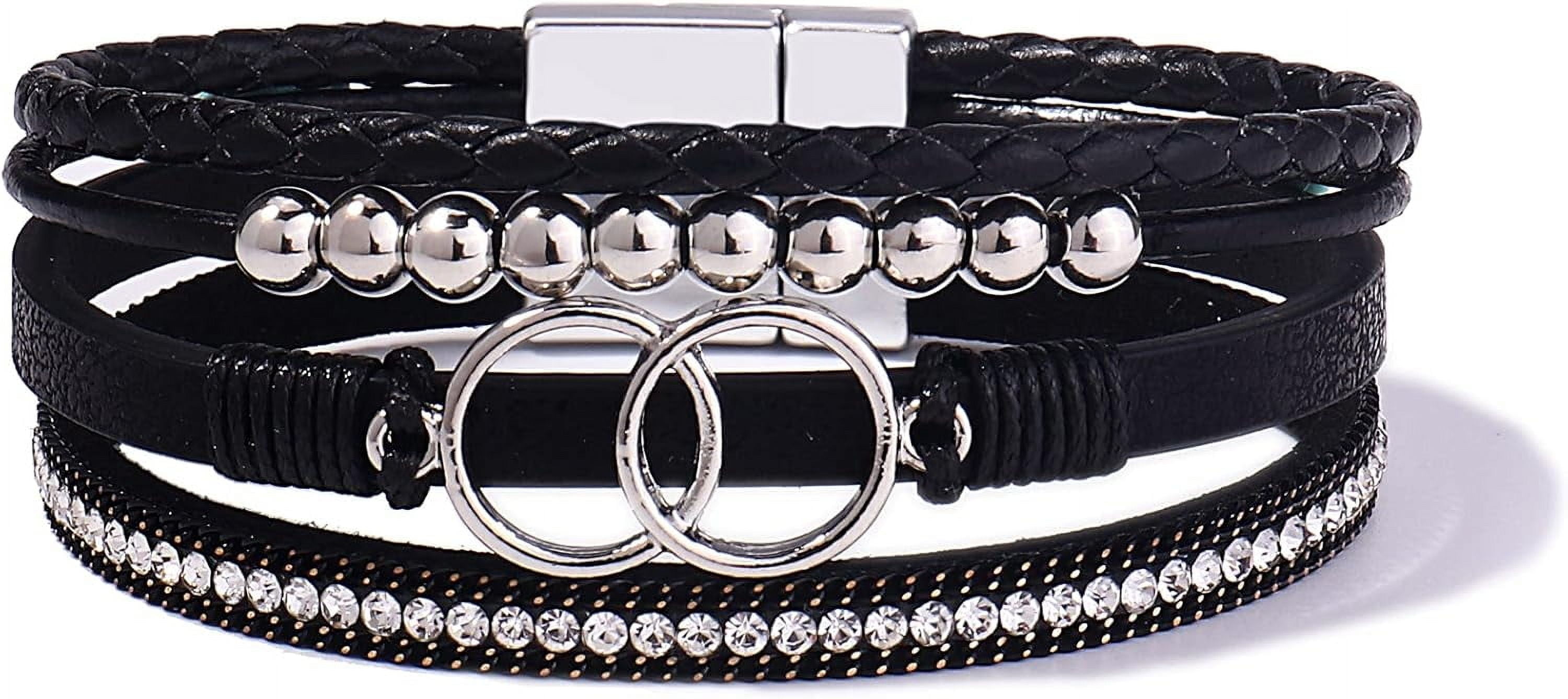 Boho Wrap Bracelets Leather Cuff Bangle Gold Beaded Bracelets for Women Stackable Infinity Bracelets Jewelry with Magnetic Clasp