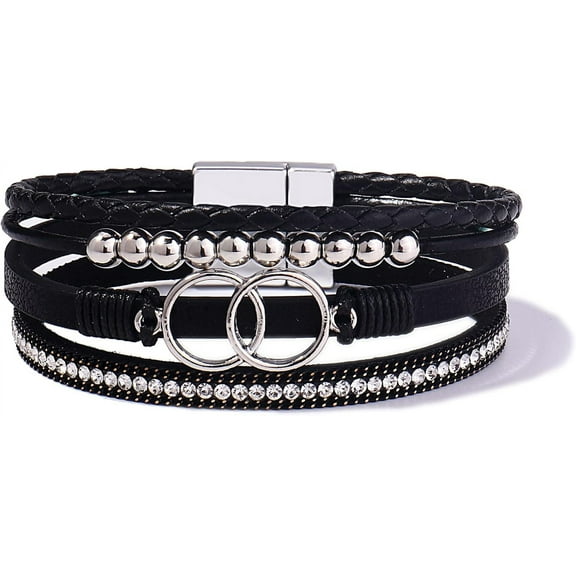 Boho Wrap Bracelets Leather Cuff Bangle Gold Beaded Bracelets for Women Stackable Infinity Bracelets Jewelry with Magnetic Clasp