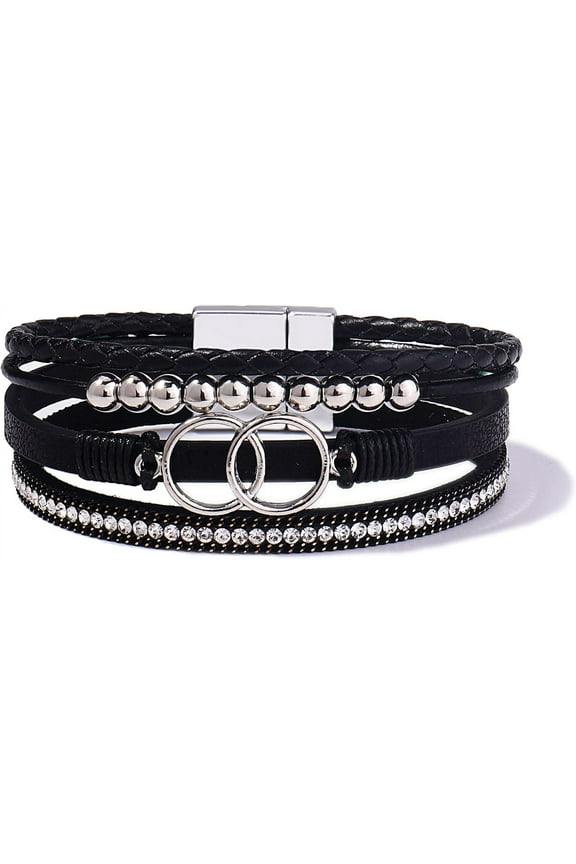 Boho Wrap Bracelets Leather Cuff Bangle Gold Beaded Bracelets for Women Stackable Infinity Bracelets Jewelry with Magnetic Clasp