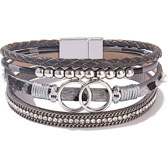 Boho Wrap Bracelets Leather Cuff Bangle Gold Beaded Bracelets for Women Stackable Infinity Bracelets Jewelry with Magnetic Clasp