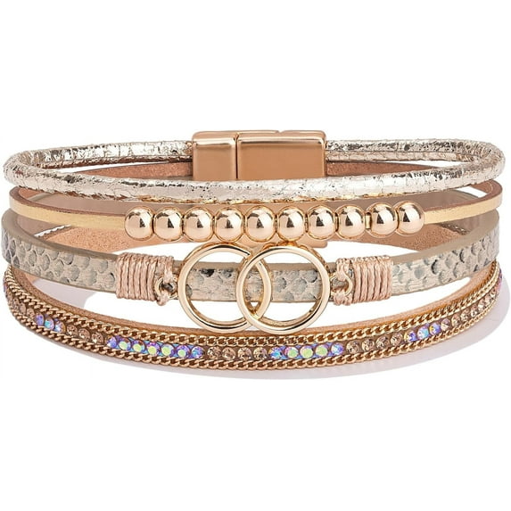 Boho Wrap Bracelets Leather Cuff Bangle Gold Beaded Bracelets for Women Stackable Infinity Bracelets Jewelry with Magnetic Clasp