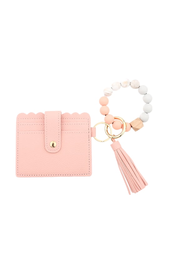 Boho Wristlet Wallets for Women, Boho Beaded Flower Pattern Wallet Keychain, Slim Credit Card Holder Purse Tassel Keychain, Beige-2