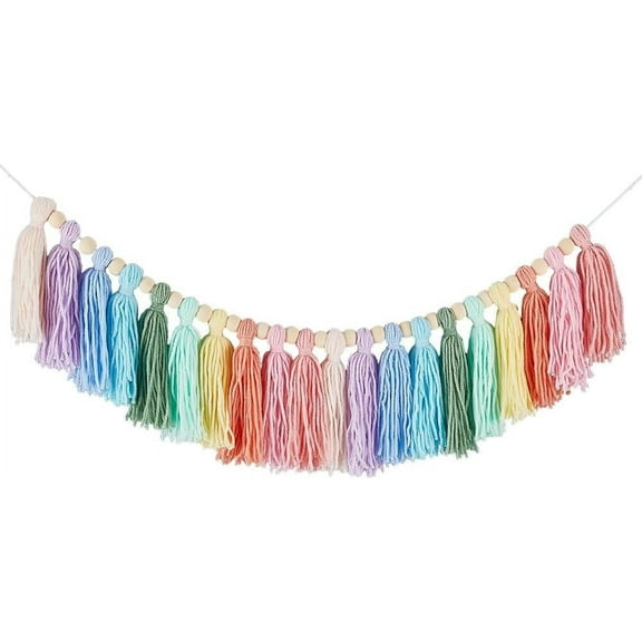 Boho Yarn Cotton Tassel Garland 95cm Pastel Tassels Garland with Wooden Beads Pink Yellow Purple Wall Hanging Garland Banner Party Classroom Decor for Room Bedroom Nursery Home Decoration