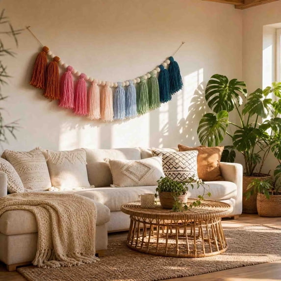 Boho Yarn Tassel Garland,150cm Macrame Fringe Bunting with Wooden Beads,Colorful Wall Hanging Decor for Nursery,Bedroom,Fireplace Mantel And Baby Shower Party Styling