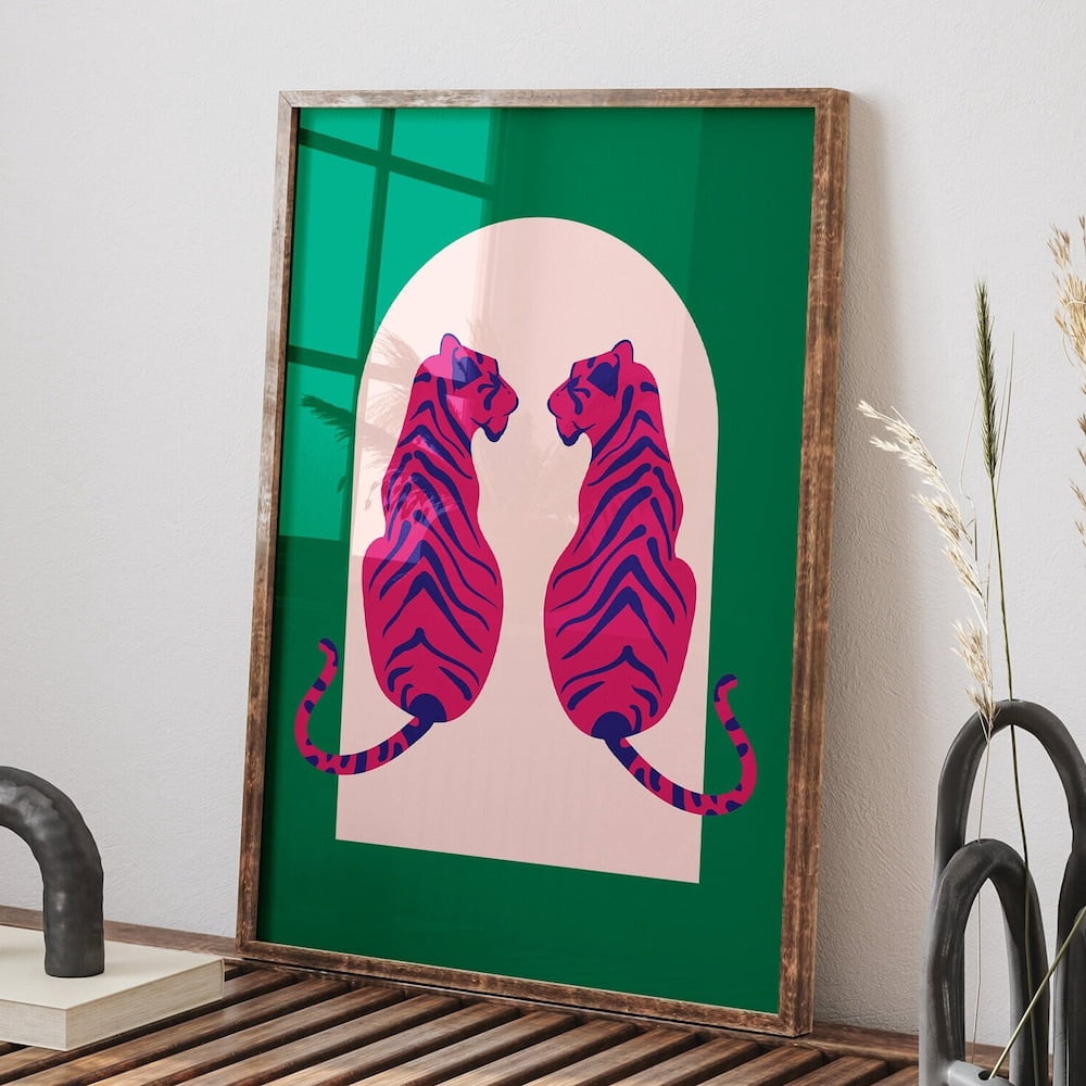 Boho Year Of Tiger Poster, Minimalist Green & Pink Wall Decor, Home ...