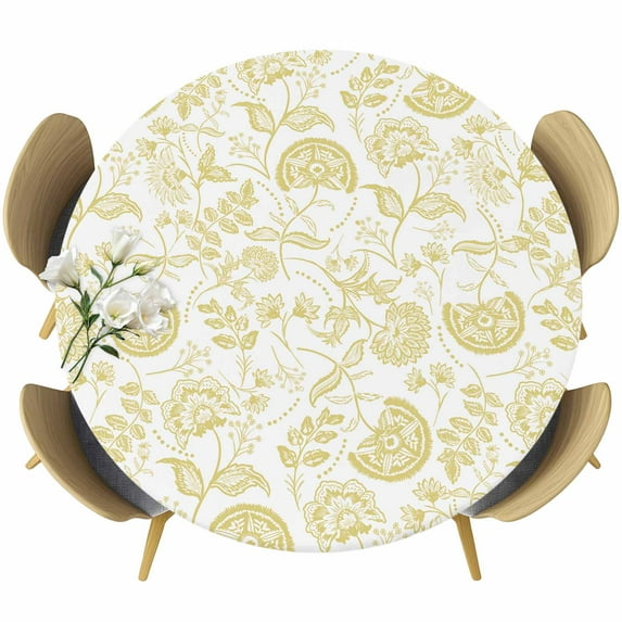 Boho Yellow Floral Fitted Tablecloth with Elastic Edged, Round Table Cloth for Dining Table, Vintage Farmhouse Paisley Plant Leaf Waterproof Oil Proof Table Cover for Indoor Outdoor 36"-44"