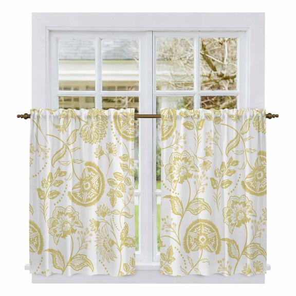 Boho Yellow Floral Kitchen Curtains, Vintage Farmhouse Paisley Plant Leaf Light Filtering Window Curtain Panels, 2Pcs Rod Pocket Window Treatments Set for Cabin Bathroom Bedroom 52x45 Inches