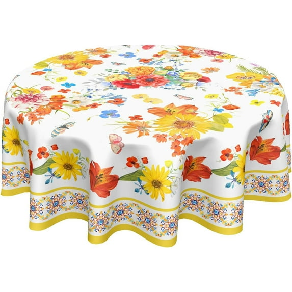 Boho Yellow Floral Round Tablecloth 60 Inch Summer Fall Wild Flower Table Cloth Modern Bohemia Farmhouse Polyester Cover Outdoor Decorative Indoor Kitchen Dining Party