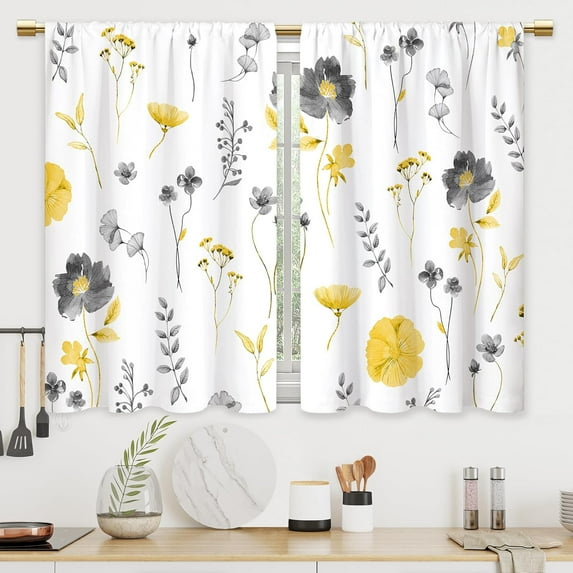 Boho Yellow Flower Kitchen Curtains Floral Plant Wildflower Bathroom Curtains Window Treatment Drapes Tier Plant Botanical Cafe Small Bedroom Short French Door Curtains 2 Panels 27.5x39 Inch