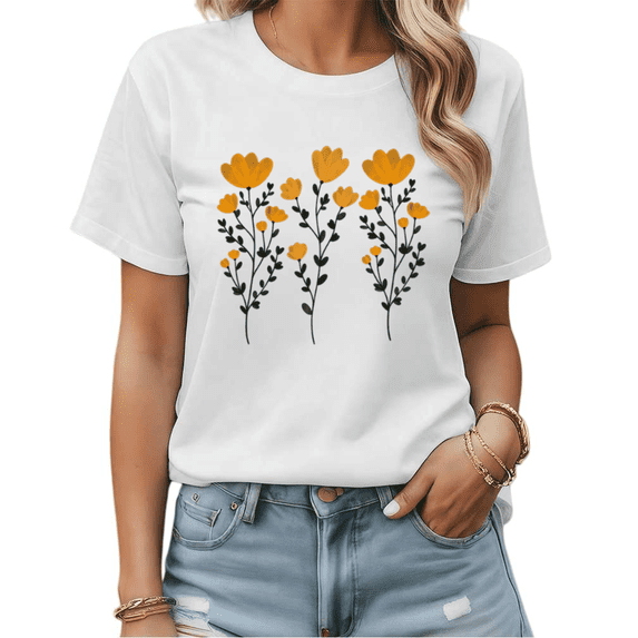 Boho Yellow Flower Stems Graphic Tees Womans T shirt Black/White S-5XL Shirts Casual Daily Tops
