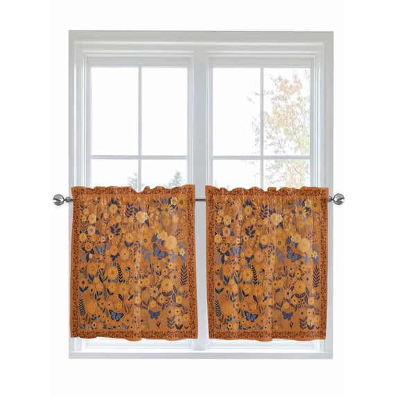 Boho Yellow Flowers 2 Panel Kitchen Curtains for Small Windows, Spring Abstract Watercolor Floral Leaf Bathroom Tier Curtain, Short Window Treatment for Bedroom/Living Room 55"x24"