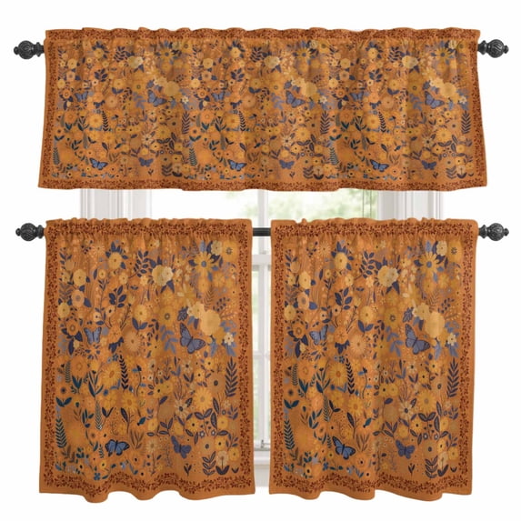 Boho Yellow Flowers Kitchen Curtains Sets for Windows 36 Inch Length, Spring Abstract Watercolor Floral Leaf Rod Pocket Window Treatments Tier Curtains and Valances Set for Bedroom/Bathroom