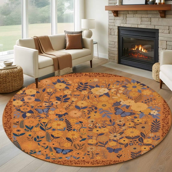 Boho Yellow Flowers Round Area Rug 7Ft Washable Circle Rugs for Dorm Laundry Room, Spring Abstract Watercolor Floral Leaf Non-Slip Carpet Floor Mats Indoor Outdoor Carpet Runner Aesthetic Home Decor