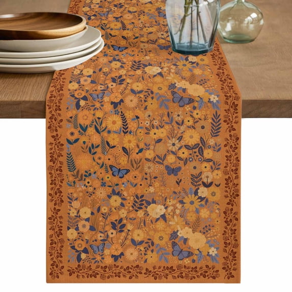 Boho Yellow Flowers Table Runner 72 Inches, Spring Abstract Watercolor Floral Leaf Bed Runner Dresser Scarves Tabletop for Indoor Outdoor Parties/Ceremony/Banquet, 14" x 72"