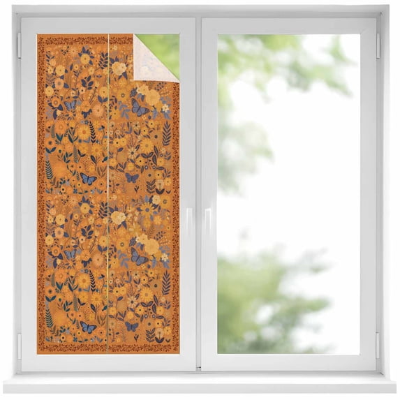 Boho Yellow Flowers Window Privacy Film, Spring Abstract Watercolor Floral Leaf Static Cling UV Sun Blocking Heat Control Window Tint Day and Night, Non-Adhesive One Way Privacy Cover 17.7''x39.3''