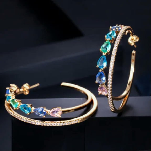 Boho Yellow Gold Plated CZ Women Charm Large Circle Round Rainbow Hoop Earrings