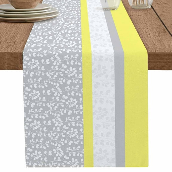 Boho Yellow Grey Flower Table Runner-70 Inch Long Modern Floral Stripe Table Runners Linen Burlap Tablerunner for Kitchen Dining Room Holiday Party