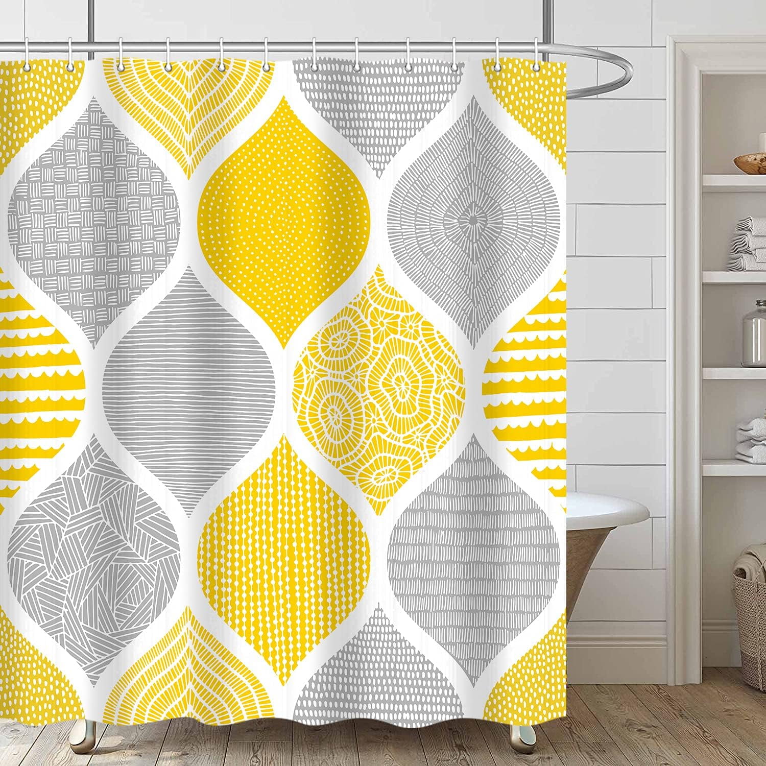 Boho Yellow and Grey Shower Curtain Set, Dark Gray Abstract Geometric