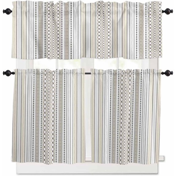 Boho Yellow Kitchen Curtains and Valances Set, Rod Pocket Curtains Tier Farmhouse Window Curtains 36 Inch Length, Abstract Stripes Geometric Plaids Dots Retro 3 Piece Kitchen Curtains Set