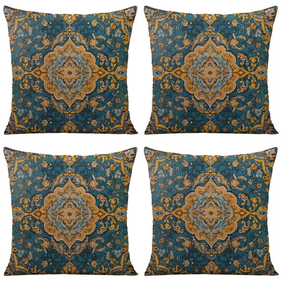 Boho Yellow Pattern Linen Ethnic Design Farmhouse Throw Pillow Covers 18 X 18 Inch, Set Of 4, Linen Study Sofa Cushion Cover Indoor Living Room Home Decor