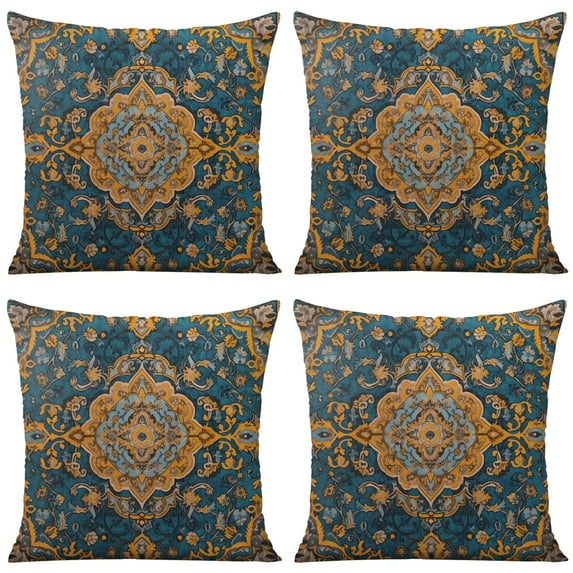 Boho Yellow Pattern Linen Ethnic Design Farmhouse Throw Pillow Covers 18 X 18 Inch, Set Of 4, Linen Study Sofa Cushion Cover Indoor Living Room Home Decor