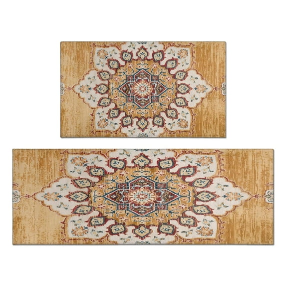 Boho Yellow Patterned Carpet Kitchen Rugs and Mats Sets Of 2, Funny Kitchen Decoration Rubber Backing Non-Slip Absorbent Mats for Sink Waterproof Runner Rug for Laundry Room 17x30+17x48inch