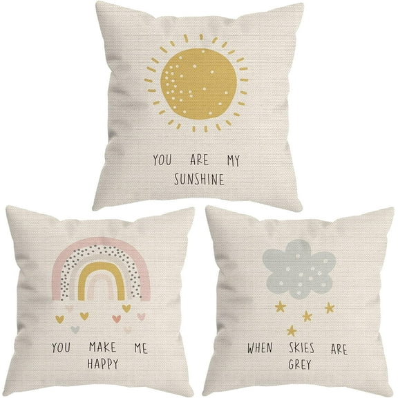 Boho You Are My Sunshine Rainbow Nursery Cute Throw Pillow Covers, Sunshine Rainbow Gifts for Kids Girls Women, Inspirational Quote Pillow Cases 18 x 18 Inch Home Nursery Bed Sofa Decor Set Of 3