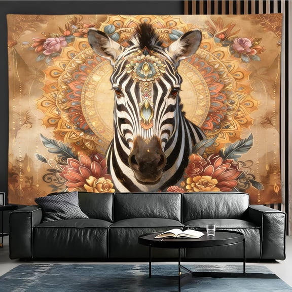 Boho Zebra Mandala Tapestry, Vintage Floral Animal Wall Hanging, Black White Zebra Portrait with Ornate Gold Halo, Warm Neutral Bedroom Dorm Decor 30x40inch