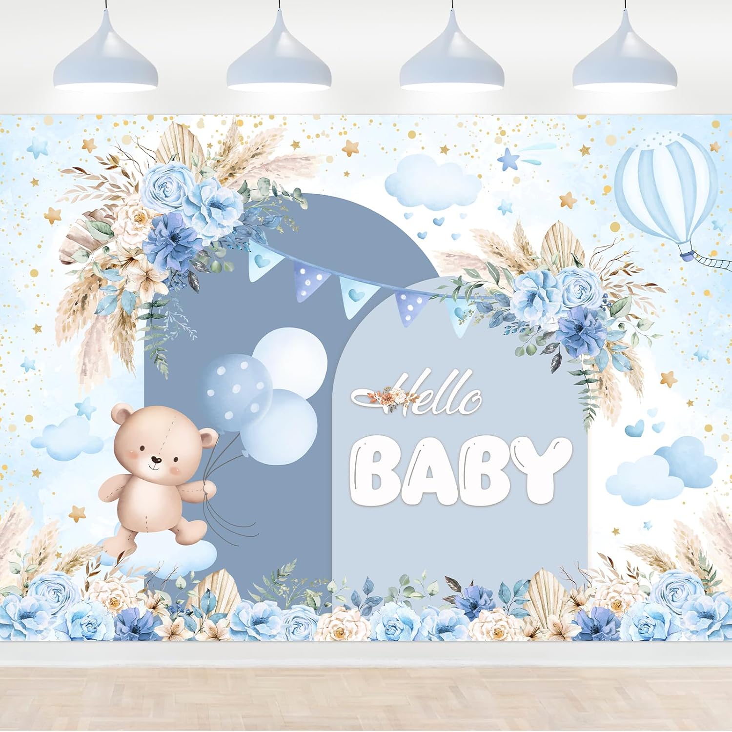 Boho baby shower backdrop blue boho floral baby shower backdrop for boy ...