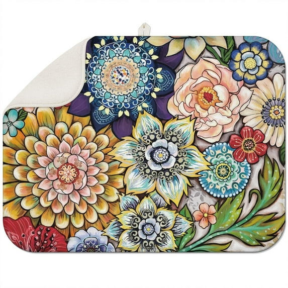 Boho floral microfiber kitchen drying mat 18x24 Inch, washable, foldable and protective for countertop surfaces