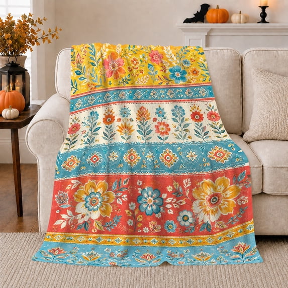 Boho floral stripe yellow teal red Flannel Blanket for bedroom sunroom living room reading nook Home Decor cheerful folk garden border colorful art Gift for her