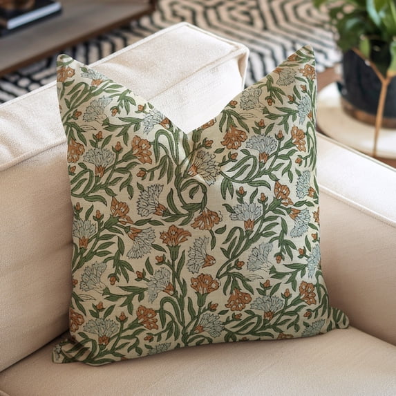 Boho hand block prints, 18"X18", Handcrafted Linen Blend Pillow Covers By Fabdivine, Thorny Stems